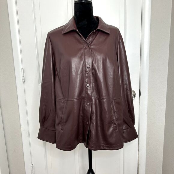 Chico's Womens 12 Faux Leather Shacket Jacket Cherry Brunette Snap Button Casual - Picture 1 of 16